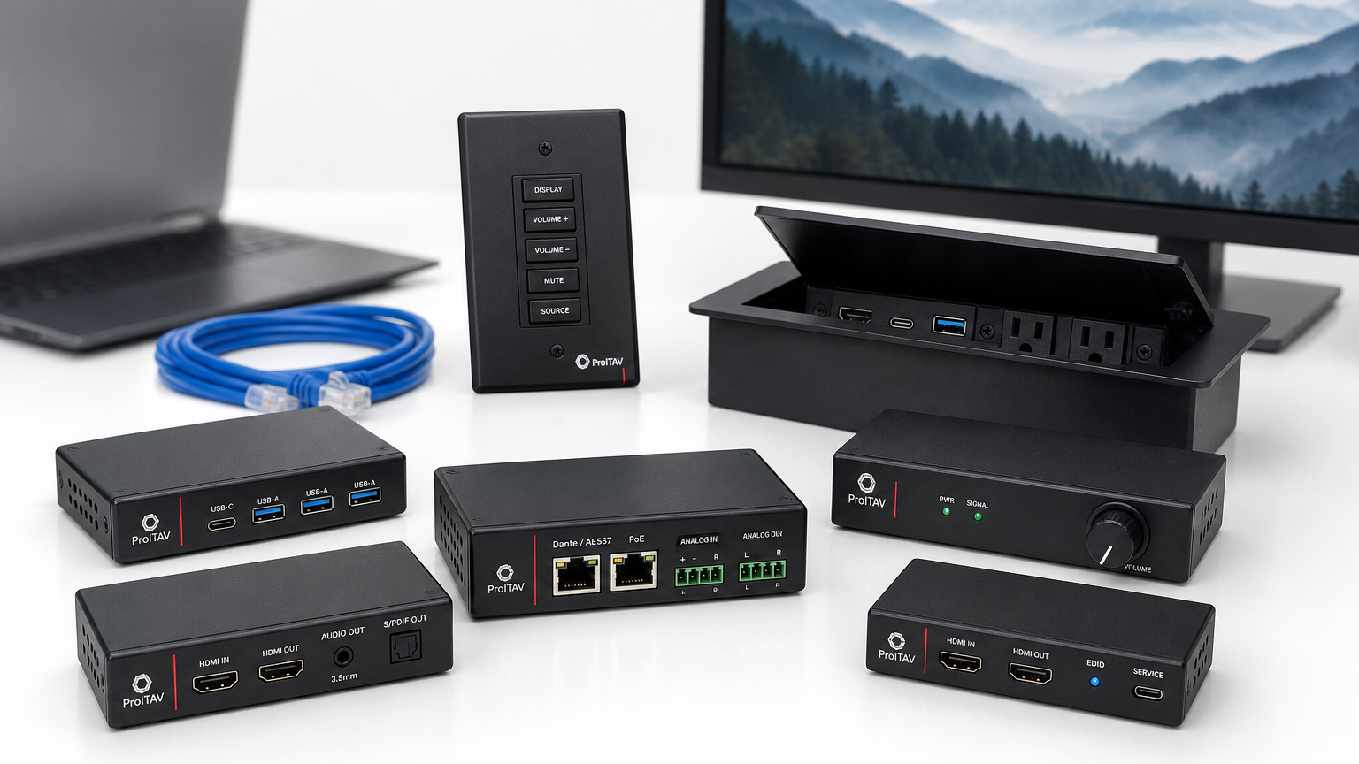 ProITAV AV utility product family including USB hubs, audio converters, a network audio interface, an amplifier, wallplate keypad, HDMI controller, and cable cubby