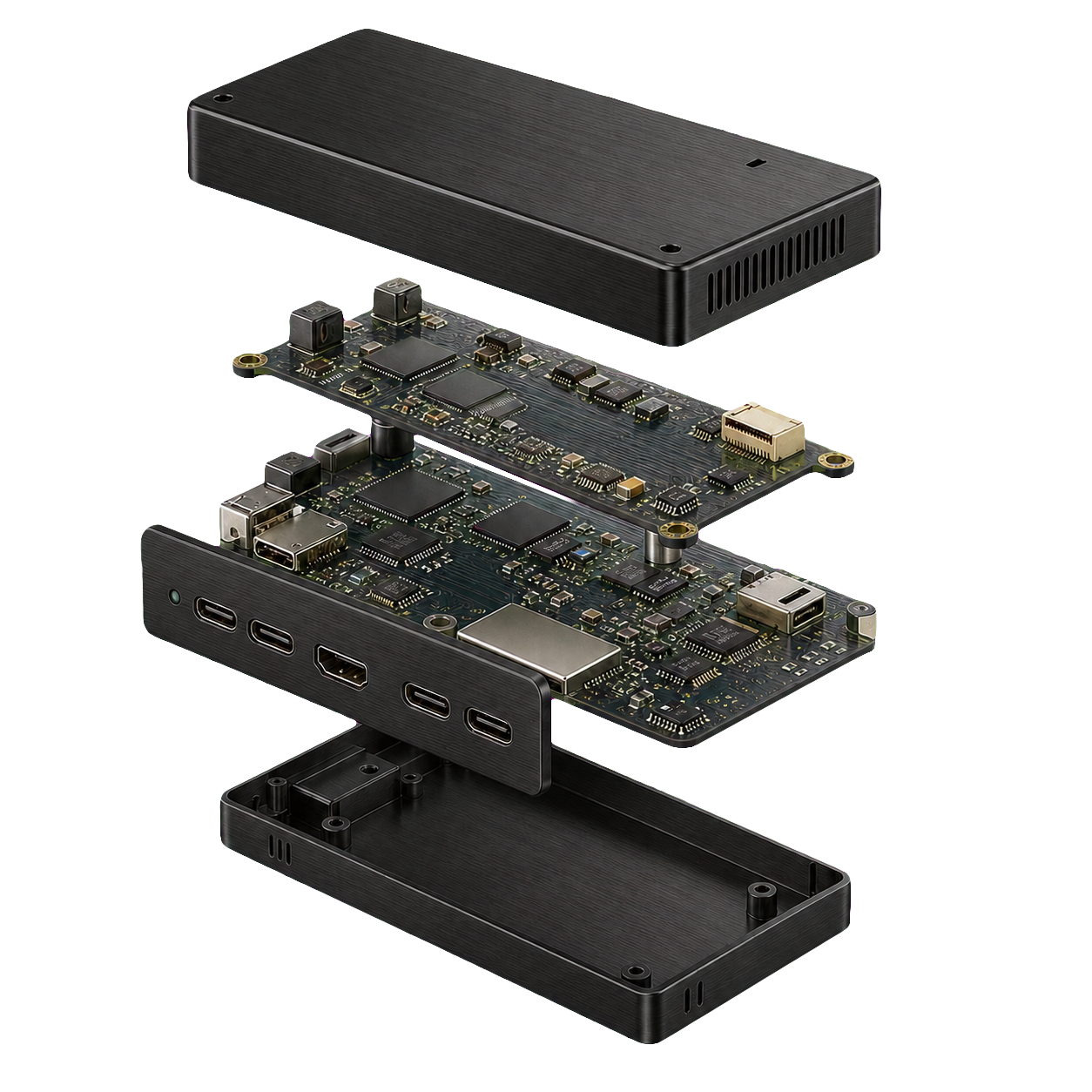 Exploded view diagram of a professional AV hardware product showing enclosure, circuit boards, and interface panel