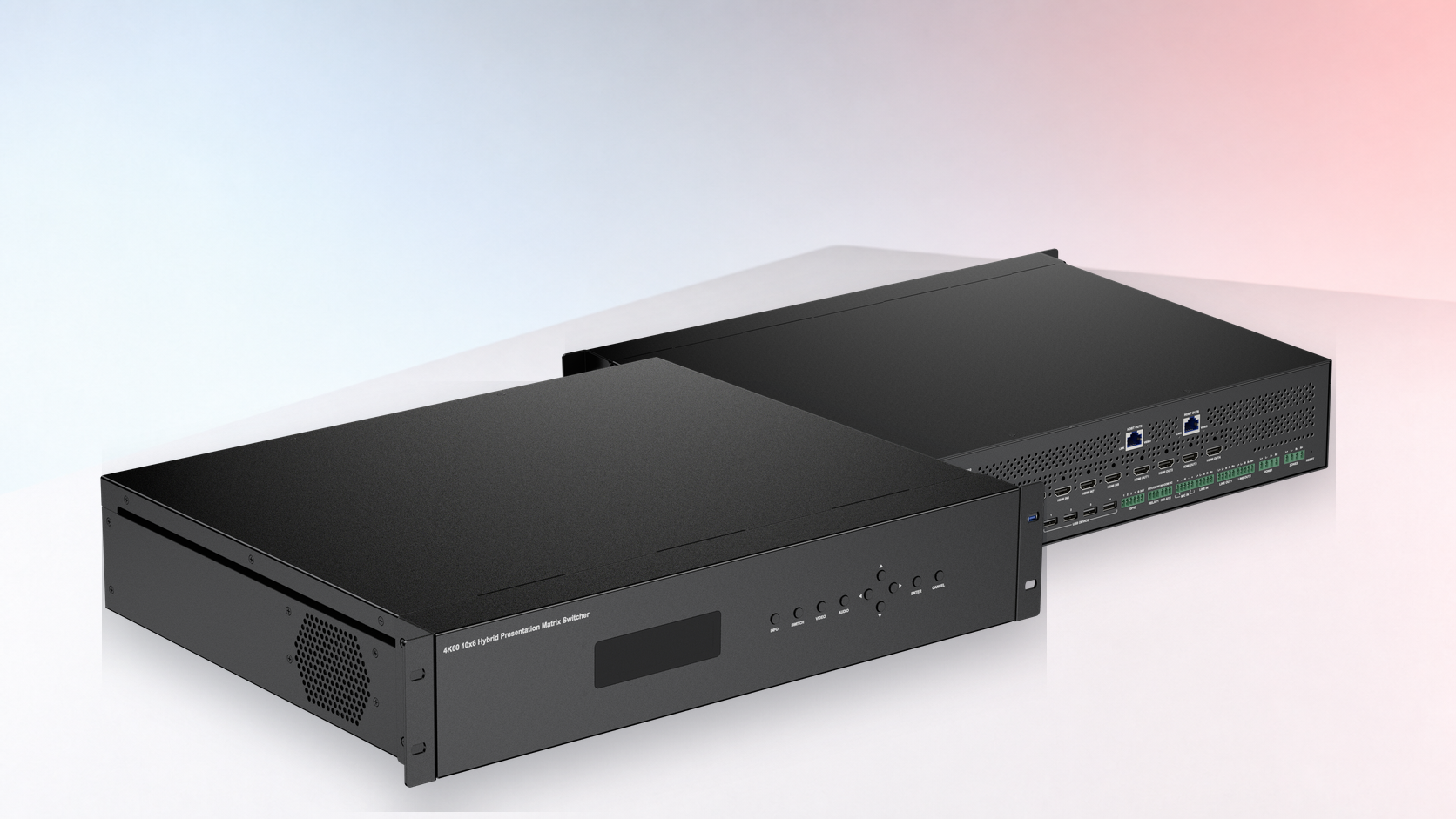 ProITAV 4K60 10x8 hybrid presentation matrix switcher shown from front and rear