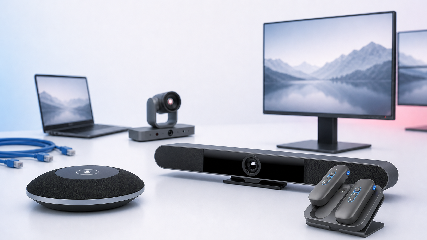 ProITAV UCC collaboration products including video bar, PTZ camera, speakerphone, and wireless microphones